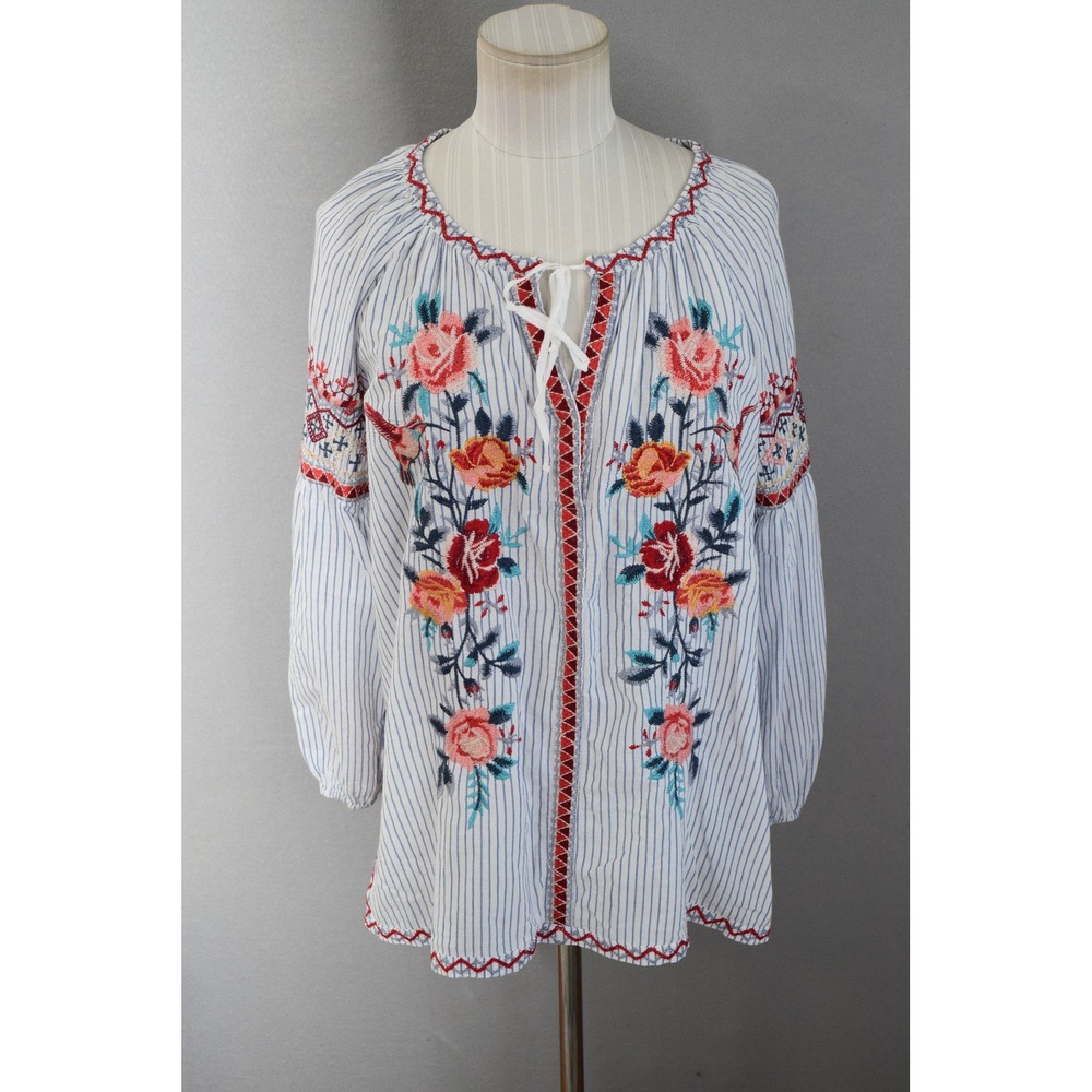 Johnny Was Workshop Nadia Peasant Blouse Top Small Embroidered Floral Bird Boho - Picture 1 of 6